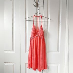 Bright Coral‎ Lacey V-Neck Jersey Knit Nightgown size Large Victoria's Secret